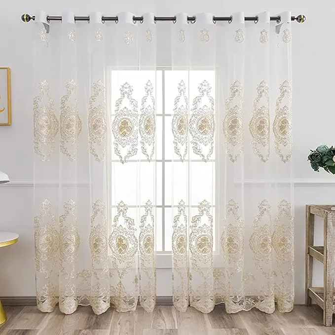 European Elegant Gold Embroidered Lace Sheer Curtains