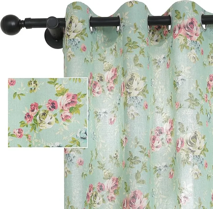 Retro Floral Linen Curtains – Pink & Green