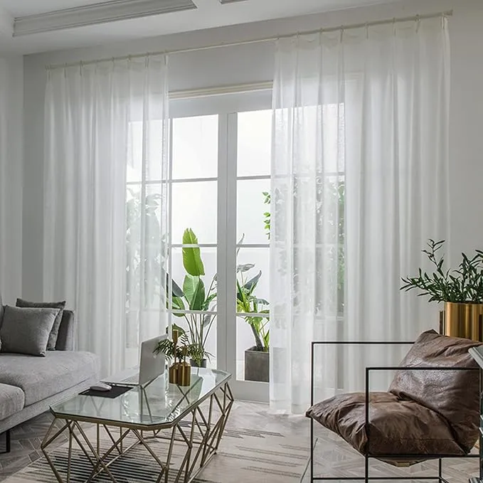 White Linen Sheer Curtains Pinch Pleat Top